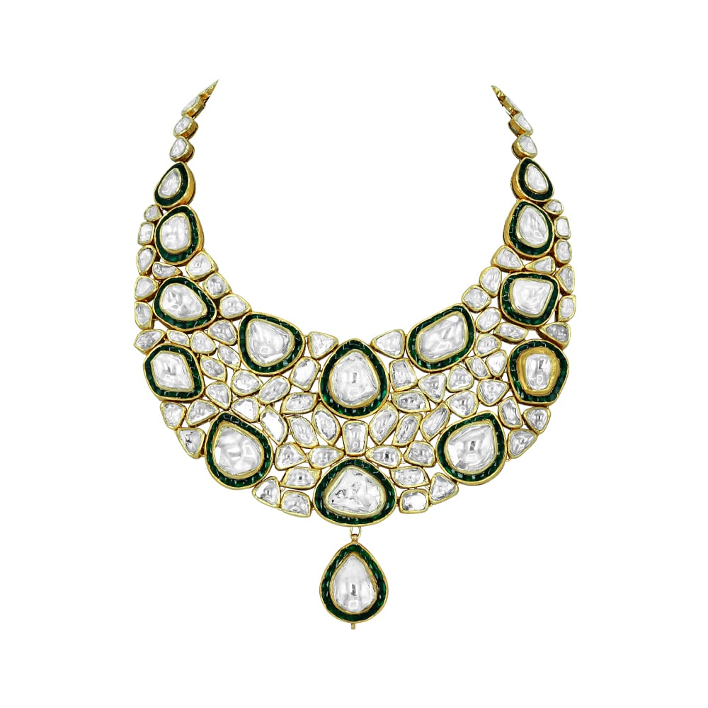 Polki Necklace with Green Chuddi Work and Teardrop Pendant